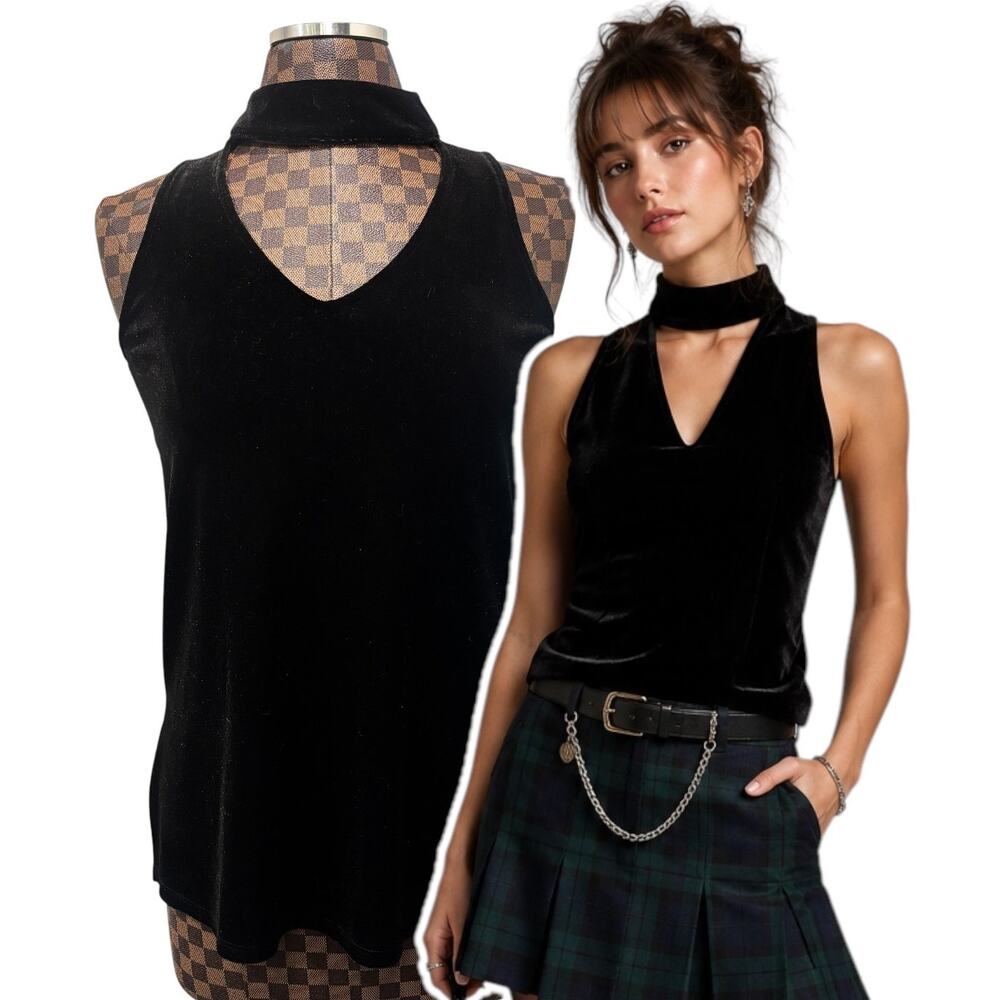 Veronica M Black Velvet Choker Top XS Sleeveless V Neck Y2K Gothic Blouse Vamp